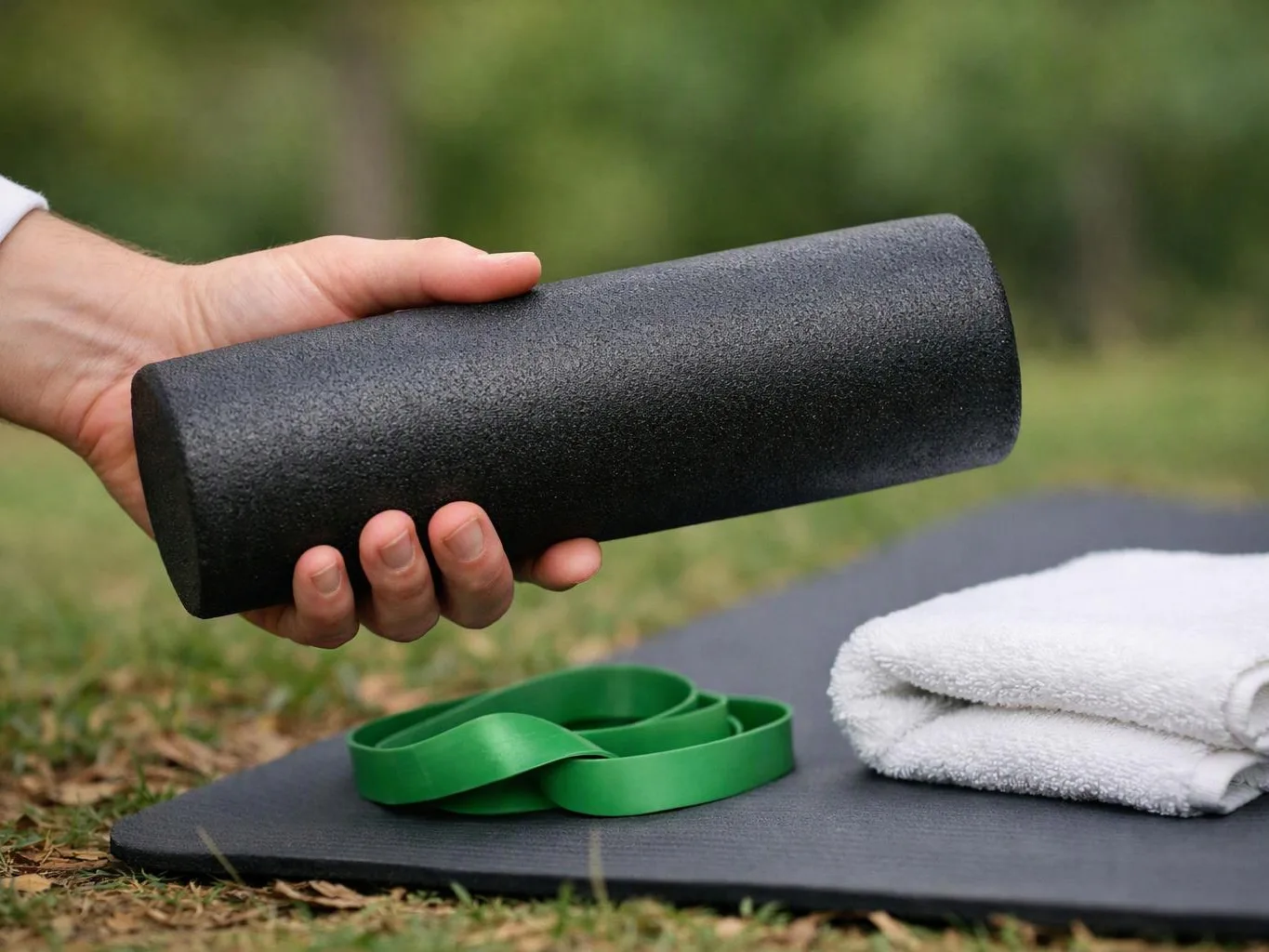 A hand holds a black foam roller above a yoga mat with resistance bands and folded towels outdoors