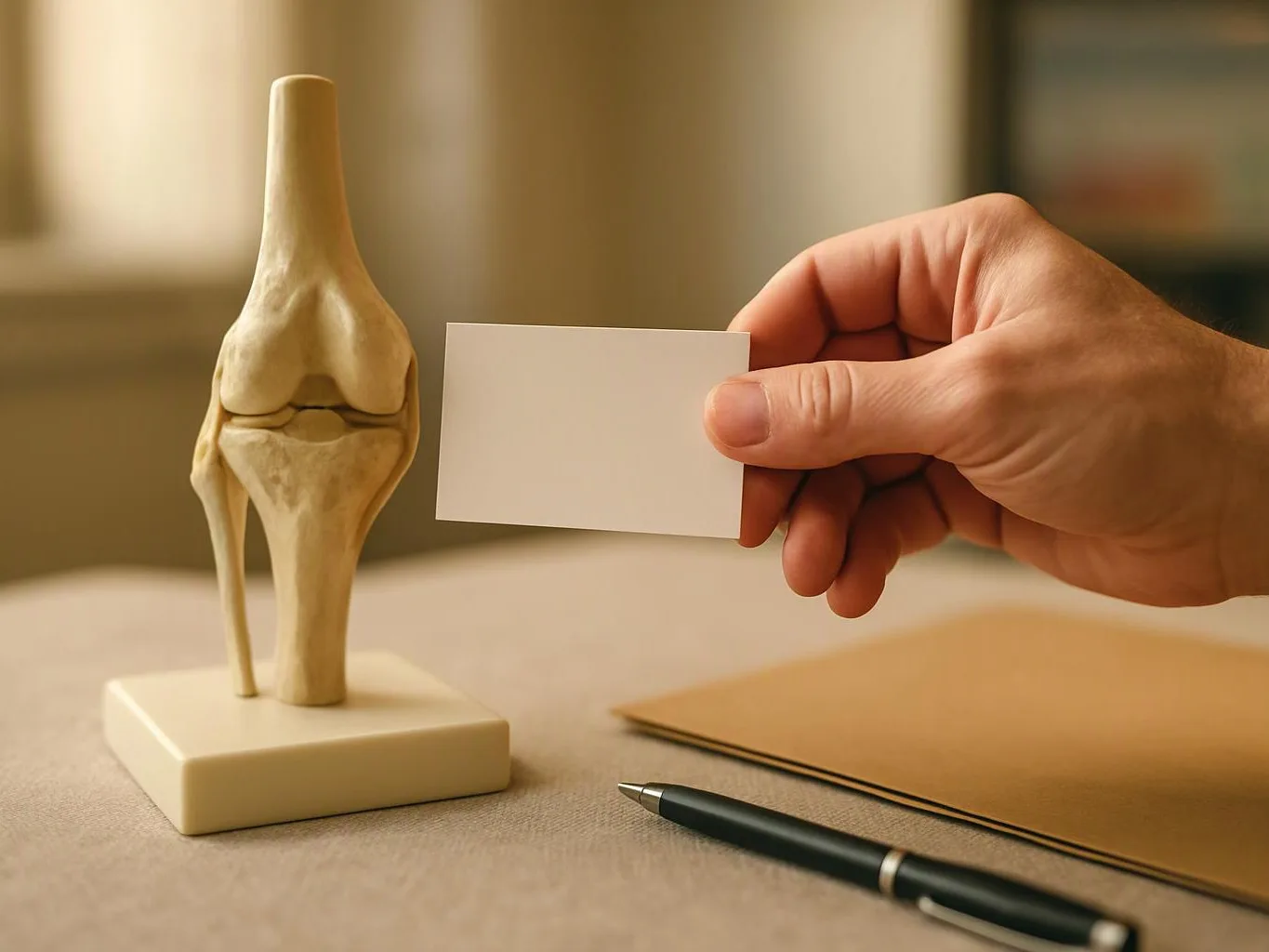 A hand holds a blank card beside a small knee joint model on a desk