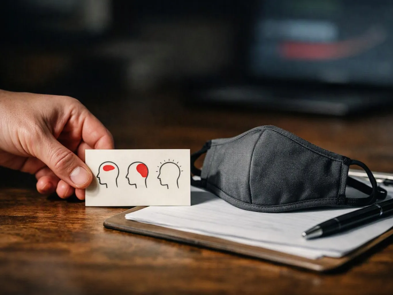 A hand holds a card with head icons beside a gray face mask, notebook, and pen on a wooden desk