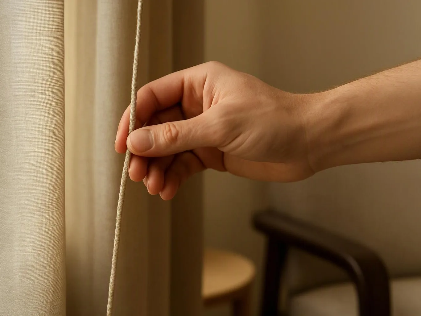 A hand holds a curtain cord beside a softly lit window and beige drapes