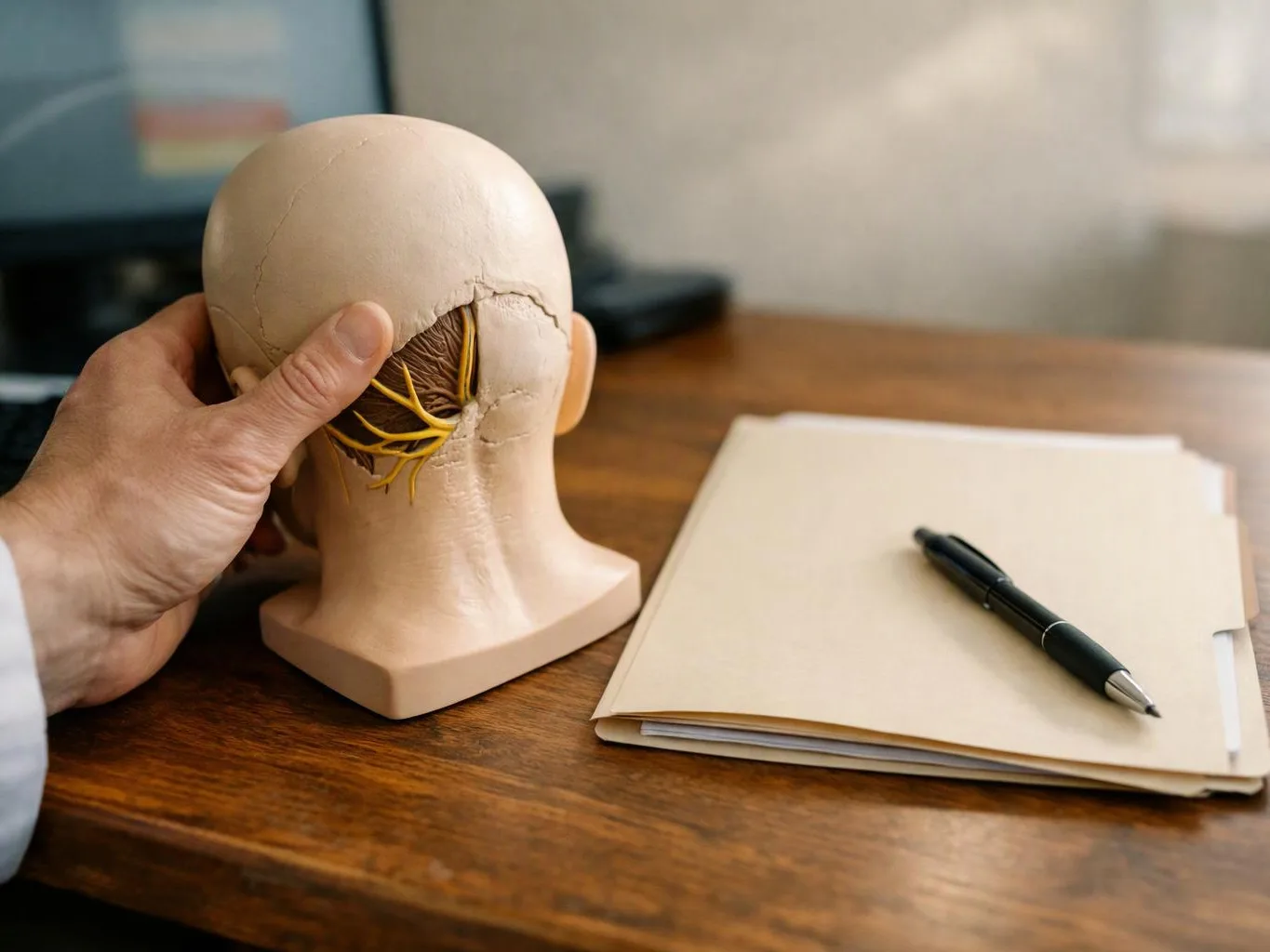 A hand holds a head anatomy model beside a folder and pen on a wooden desk