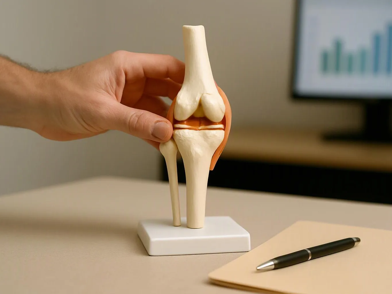 A hand holds a knee joint model on a desk beside a pen and blurred monitor