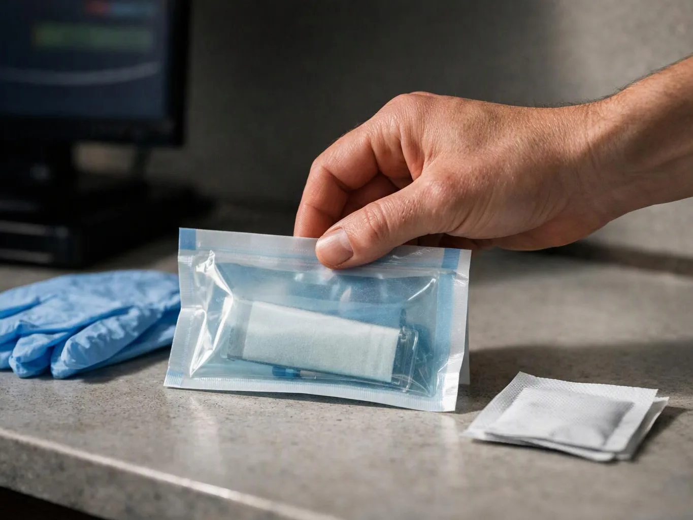 A hand holds a sealed plastic pouch with a small white device, beside blue gloves on a countertop