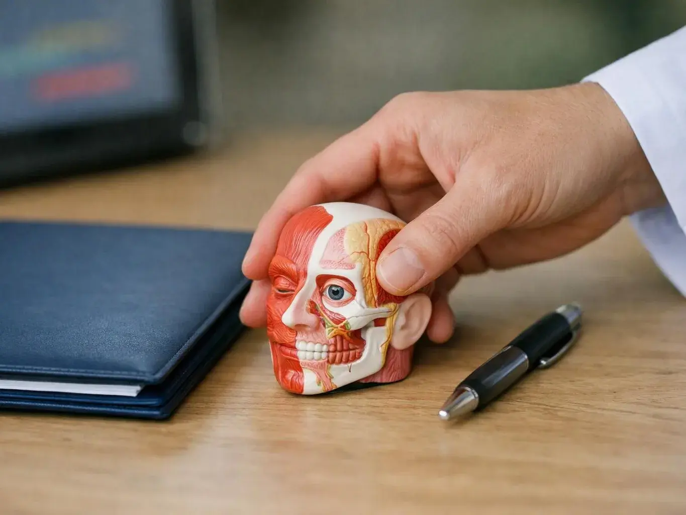 A hand holds a small anatomy model head beside a notebook and pen on a desk