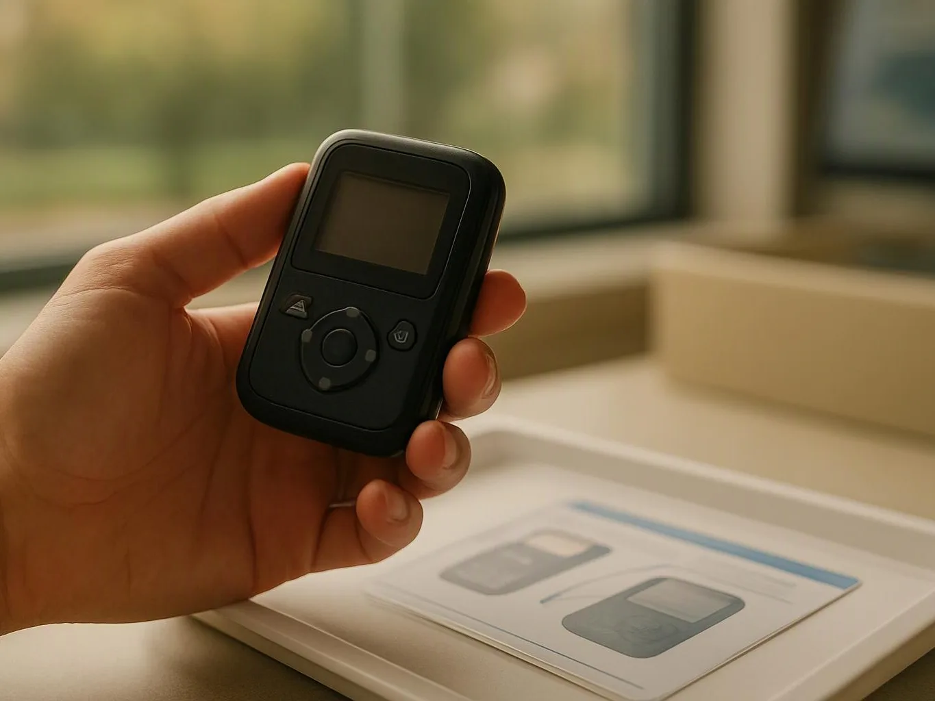 A hand holds a small black device with a blank screen above an open box and instruction sheet