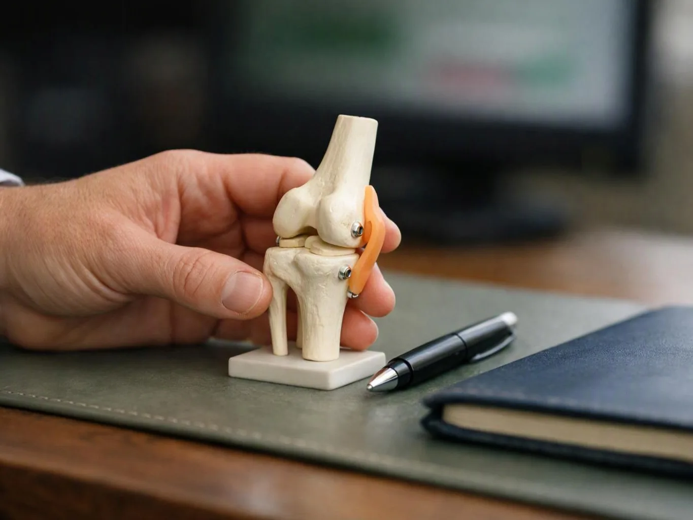 A hand holds a small knee joint model on a desk beside a pen and notebook