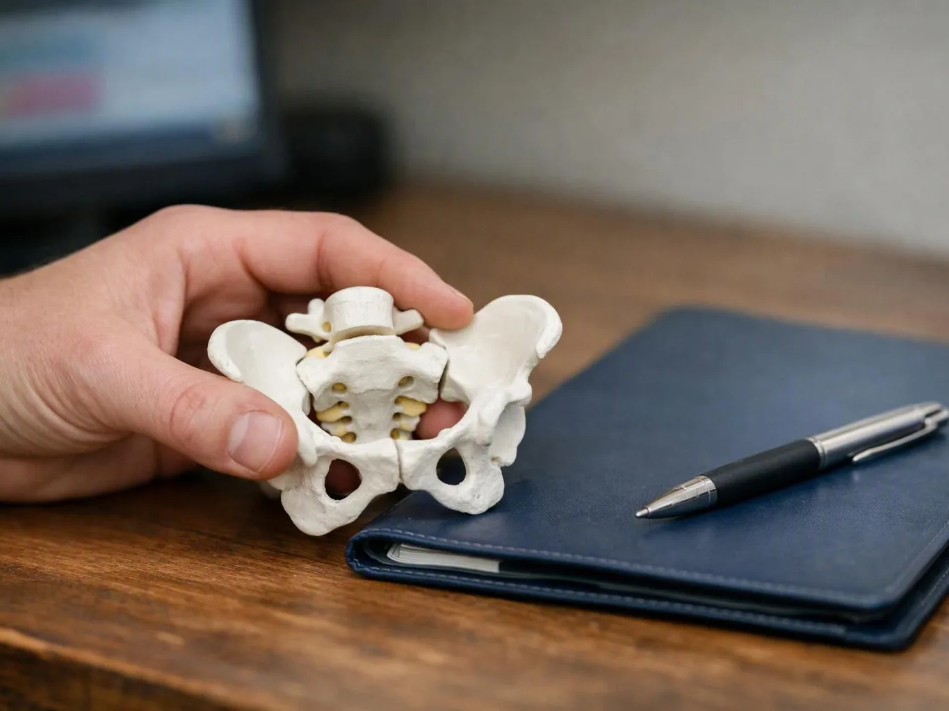 A hand holds a small pelvic bone model beside a blue notebook and pen on a wooden desk