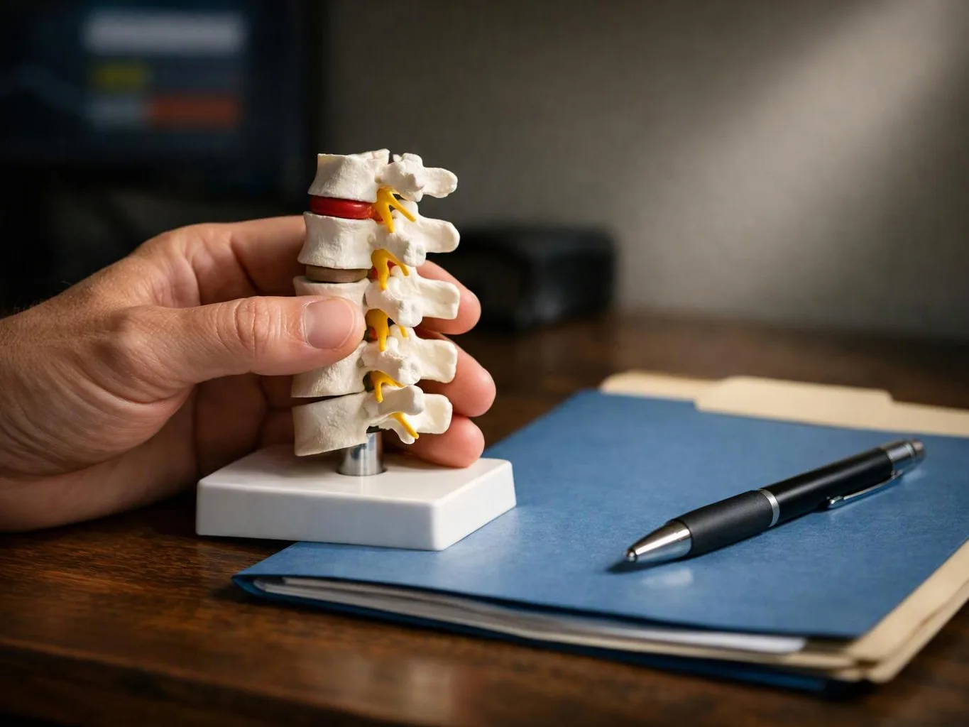 A hand holds a small spine model beside a blue notebook and pen on a desk