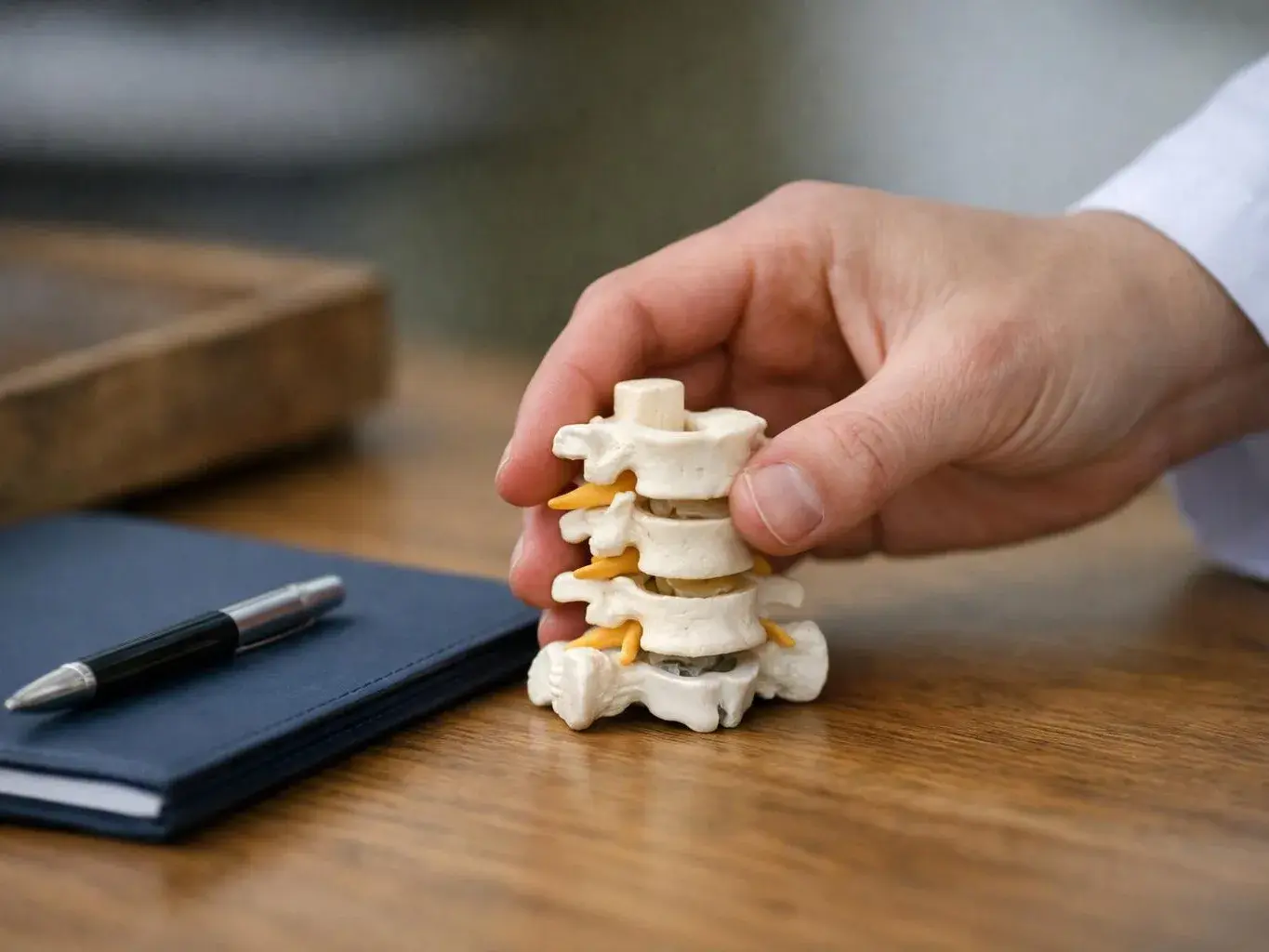 A hand holds a small spine model beside a notebook and pen on a wooden table