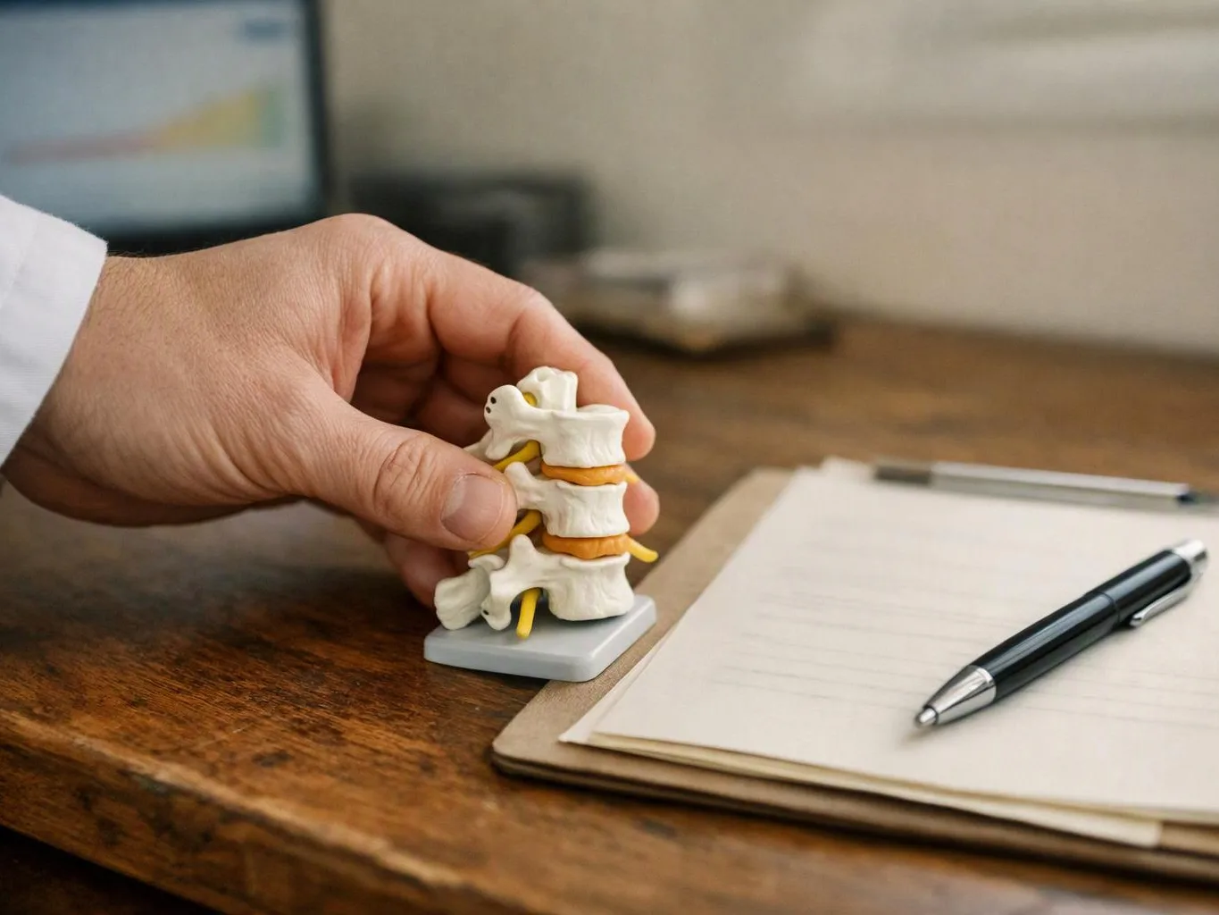 A hand holds a small spine model beside a notepad and pen on a wooden desk