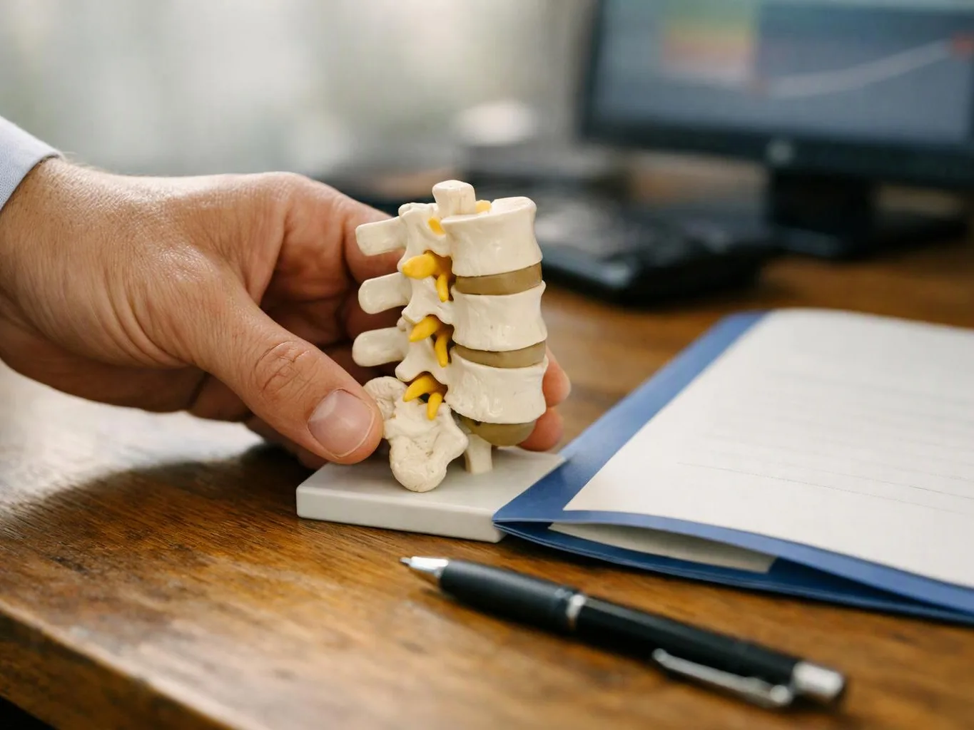 A hand holds a small spine model on a wooden desk beside a notebook and pen