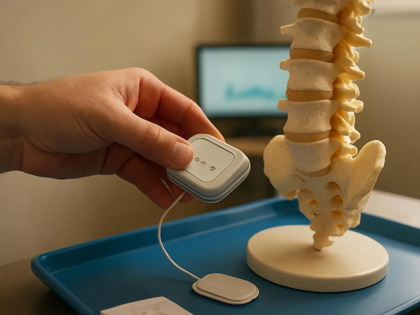 A hand holds a small wired device beside a spine model on a blue tray in a clinic-like room