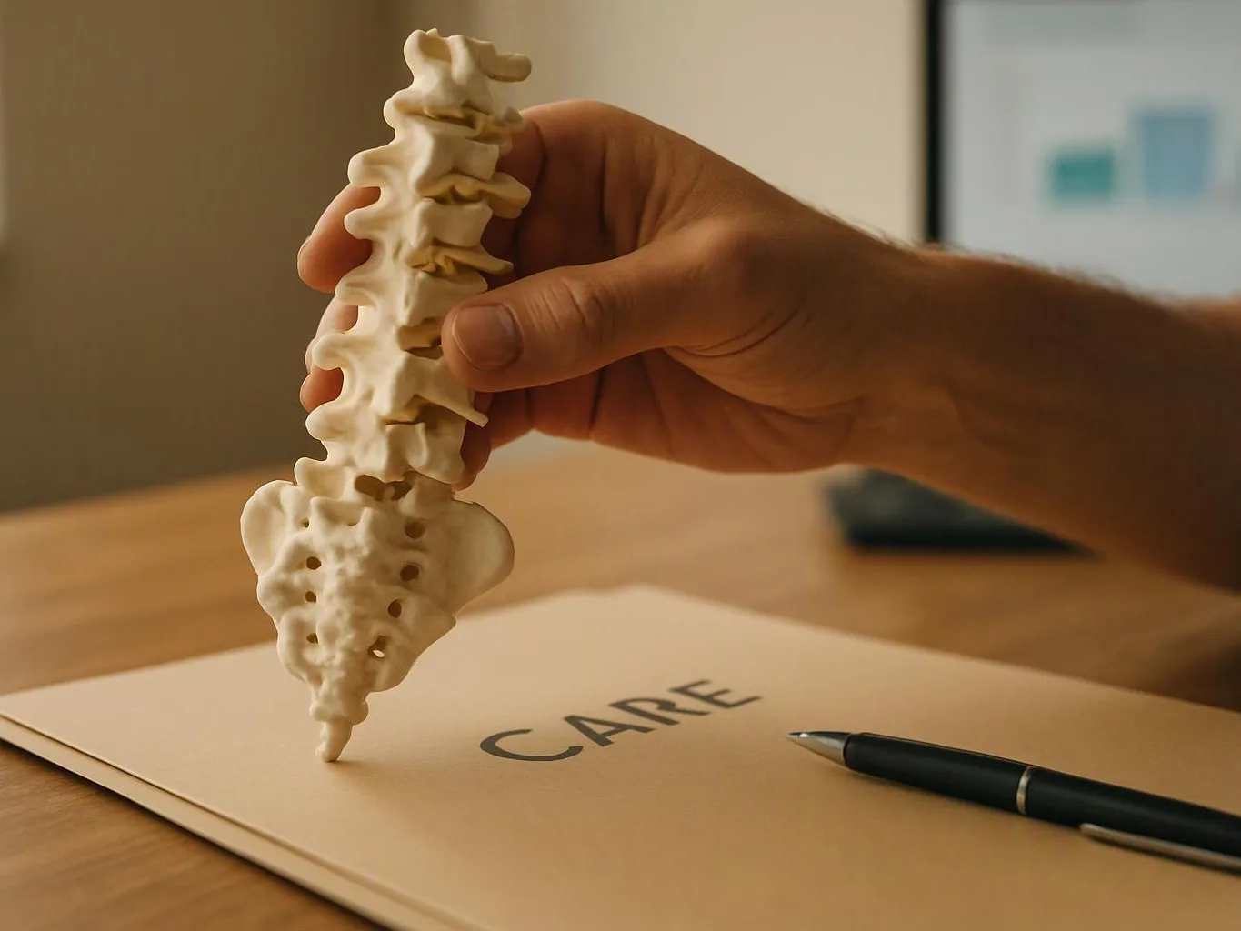 A hand holds a spine model over a folder labeled "CARE" beside a pen on a desk