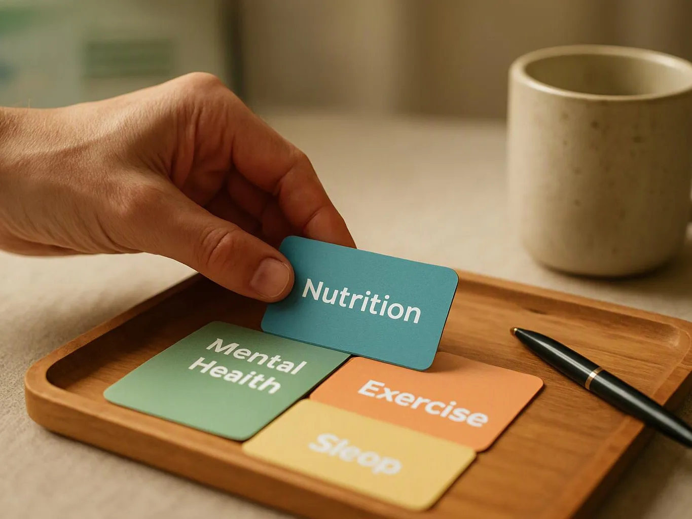 A hand places a blue Nutrition card on a wooden tray with Mental Health, Exercise, and Sleep cards beside a pen and mug