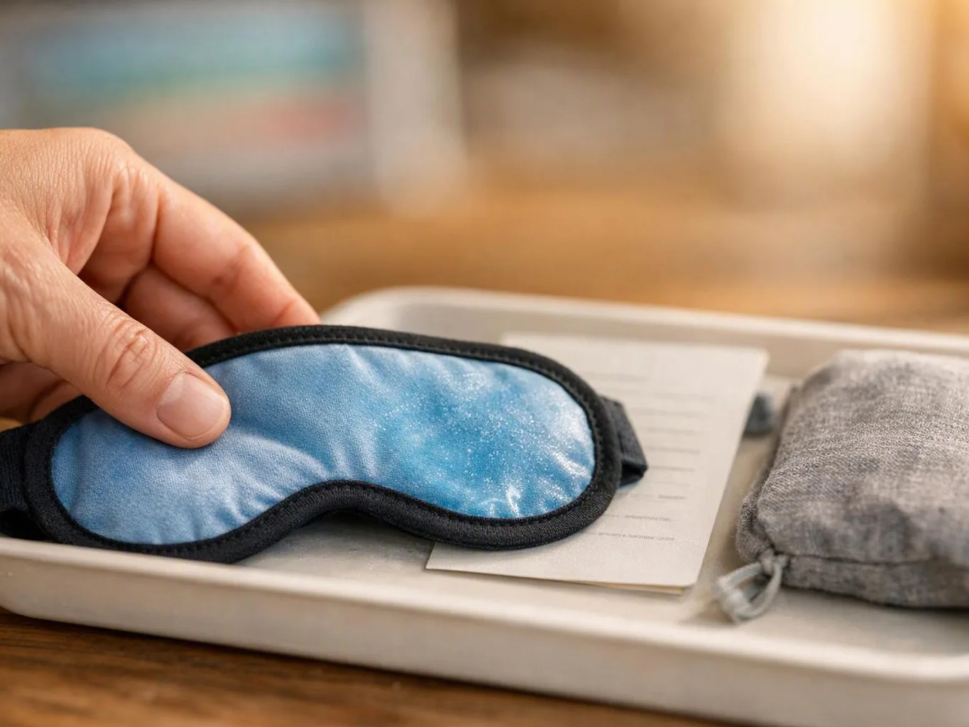 A hand places a blue sleep mask on a tray beside a gray pouch and paper under warm light