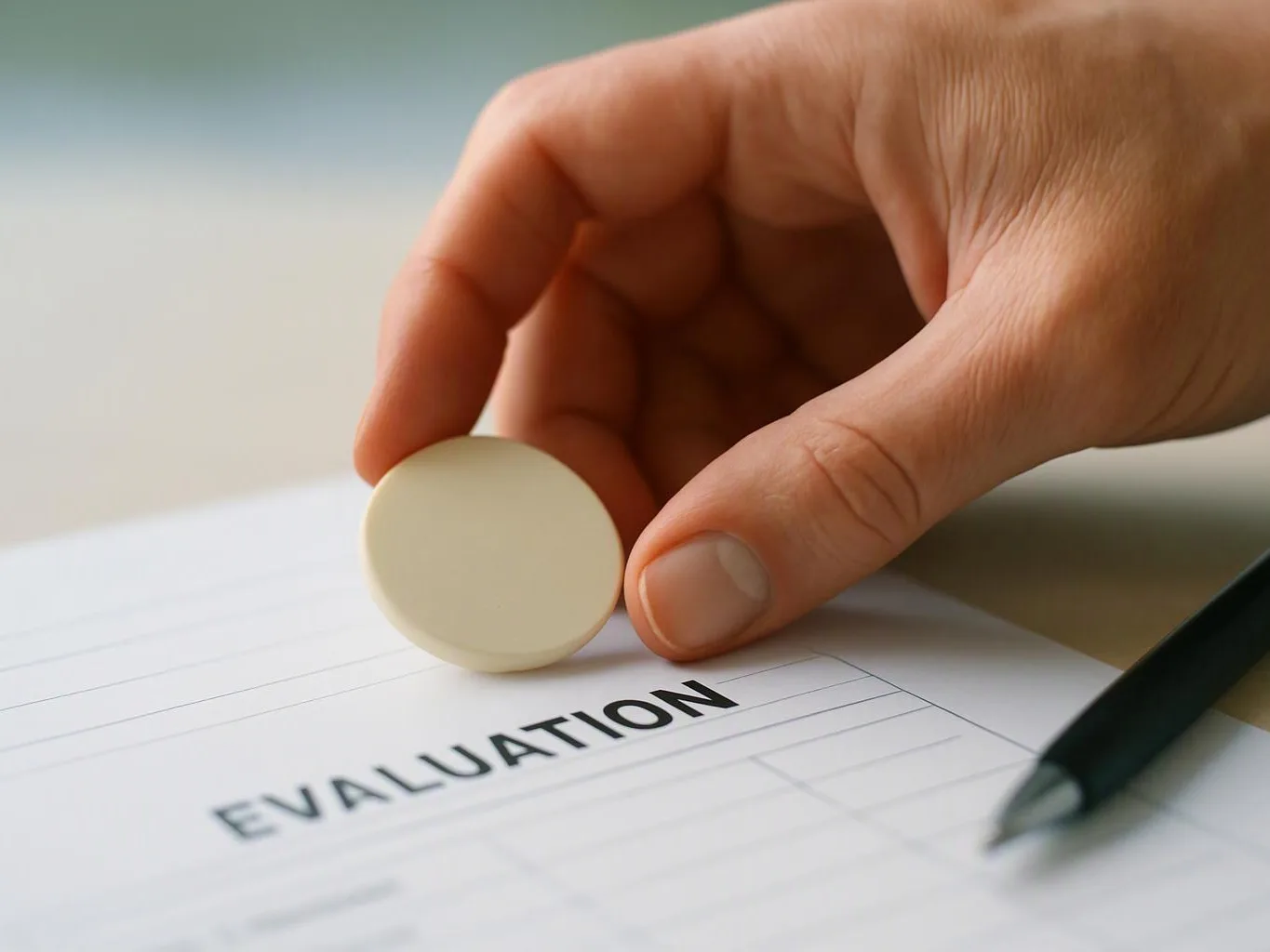 A hand places a round pill on a paper labeled “EVALUATION” beside a pen