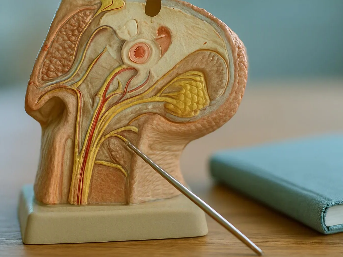 A hand points to a cross-section anatomy model beside a closed blue book on a wooden table