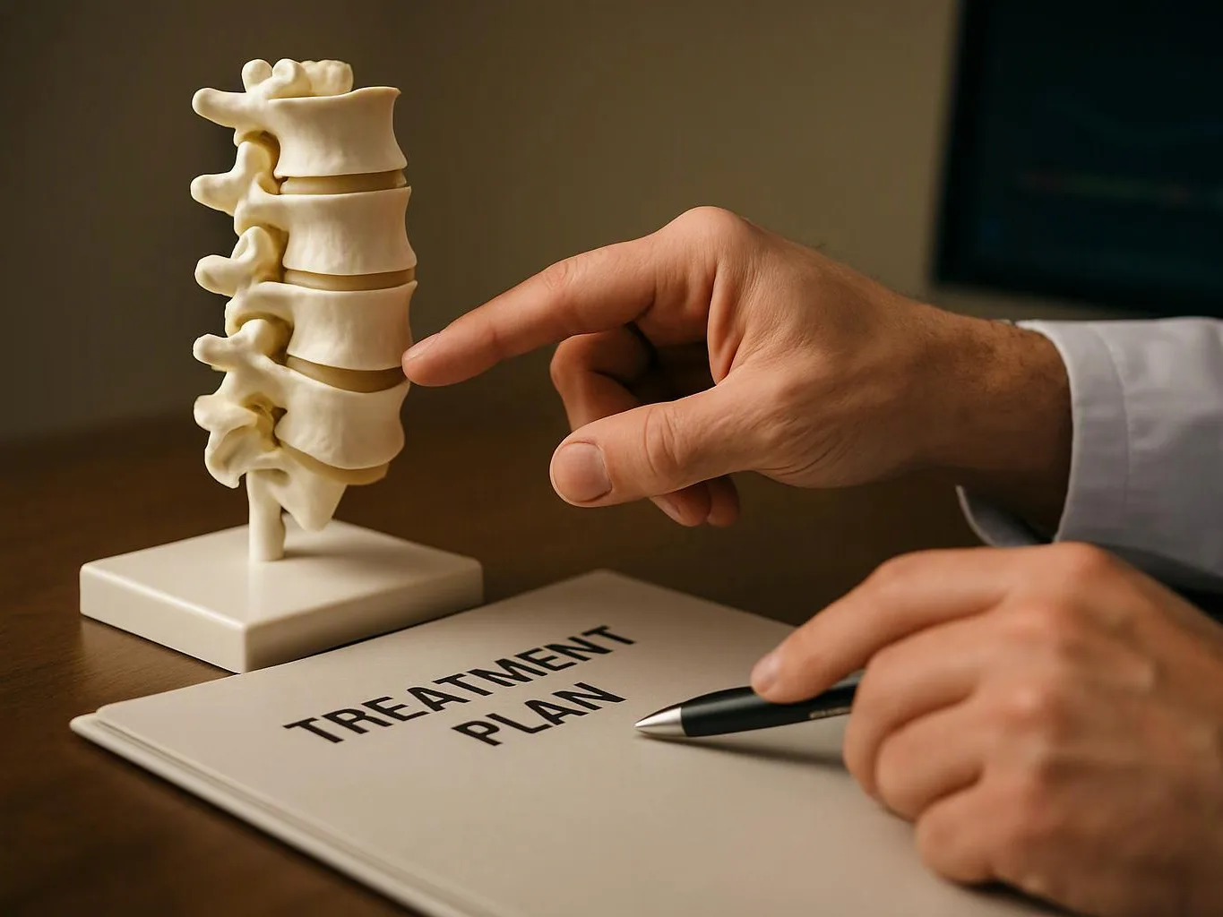 A hand points to a spine model beside a treatment plan on a desk
