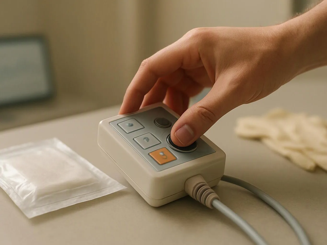 A hand presses a button on a small control box beside a sealed white packet on a table