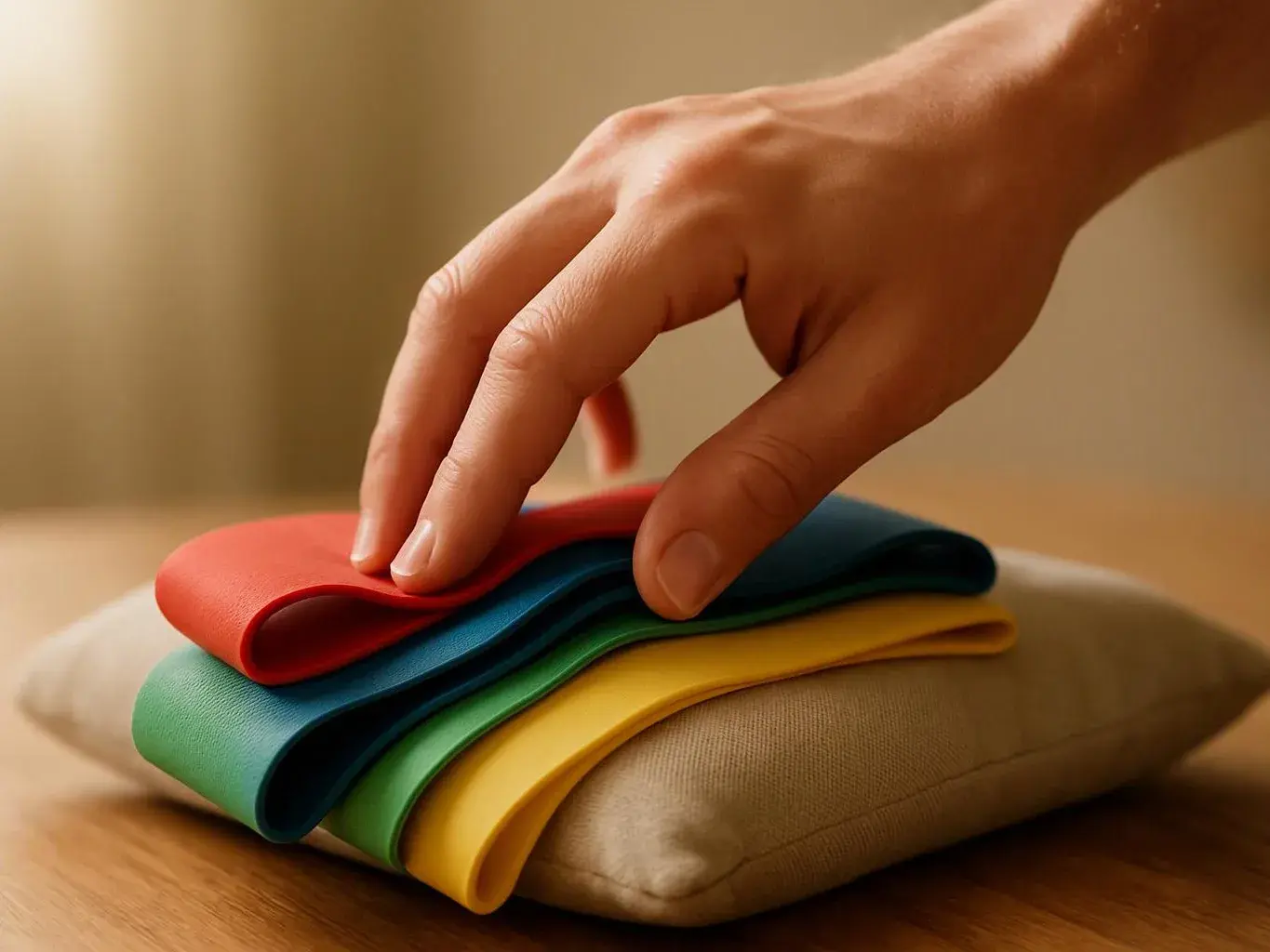 A hand presses colorful folded fabric bands on a beige cushion over a wooden table