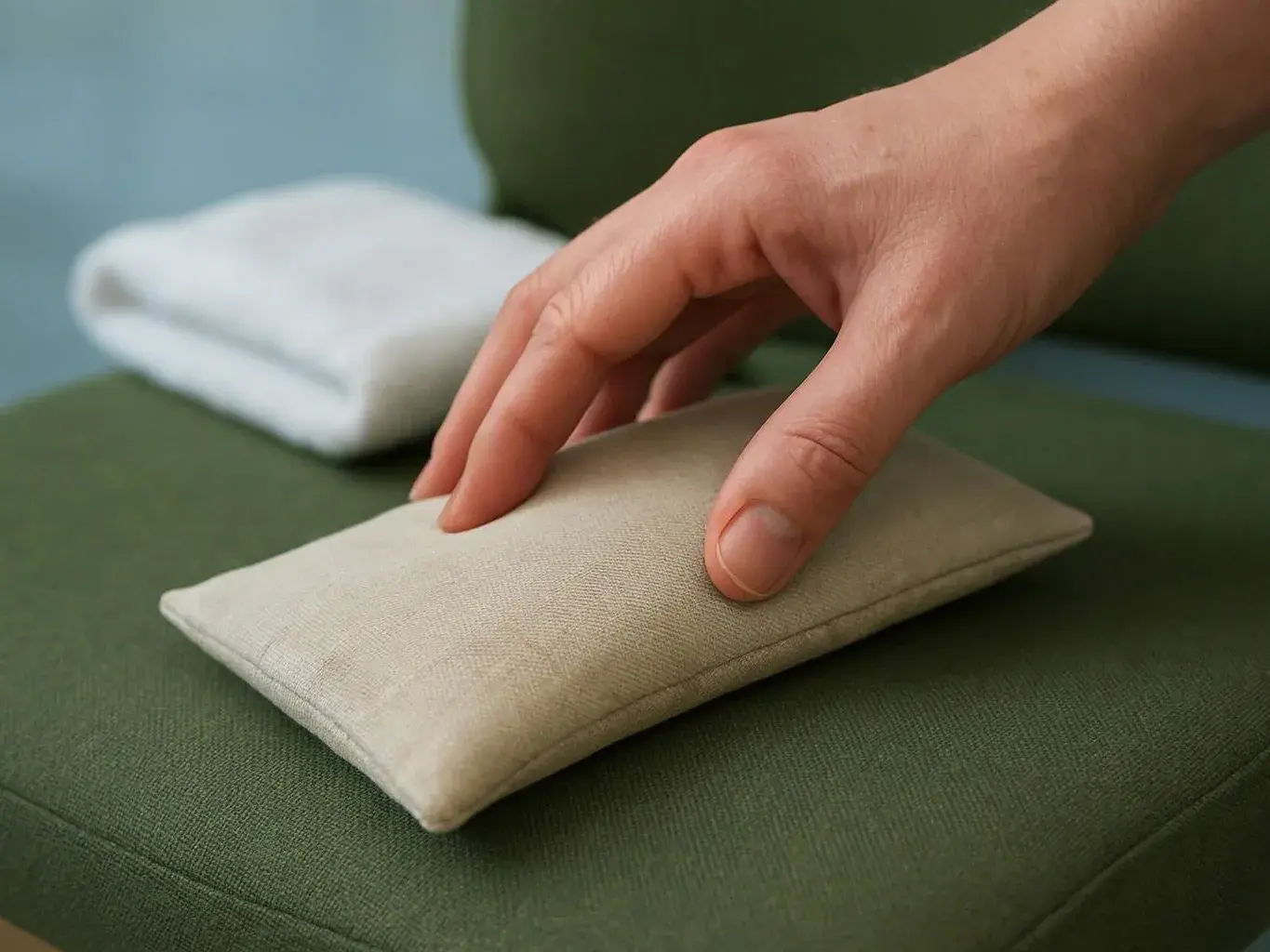 A hand presses a small beige fabric cushion on a green upholstered surface