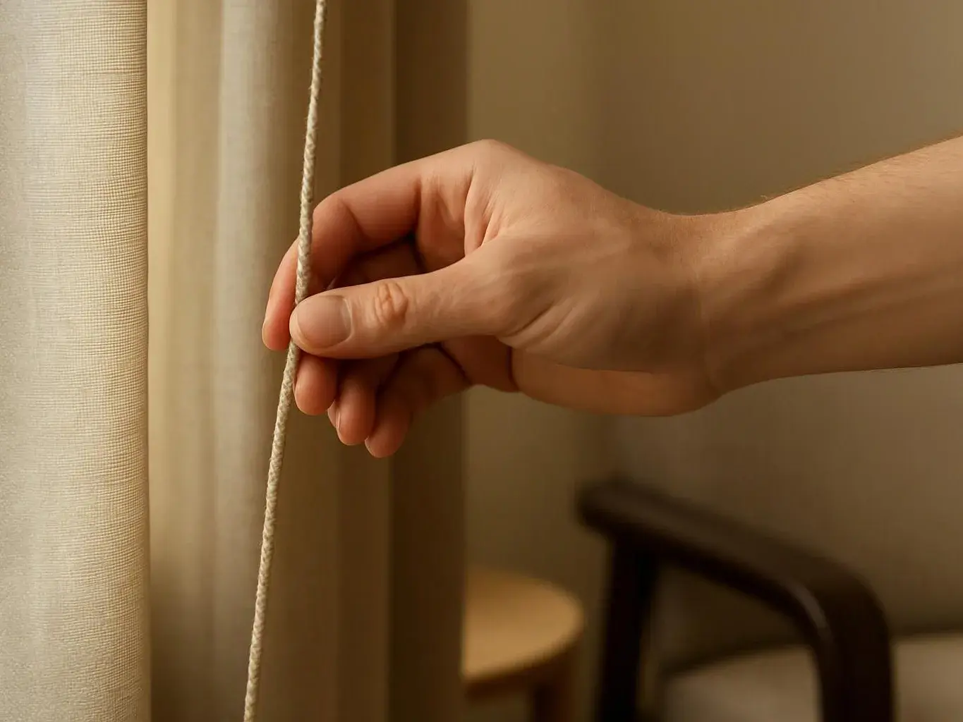 A hand pulls a curtain cord beside a softly lit window indoors