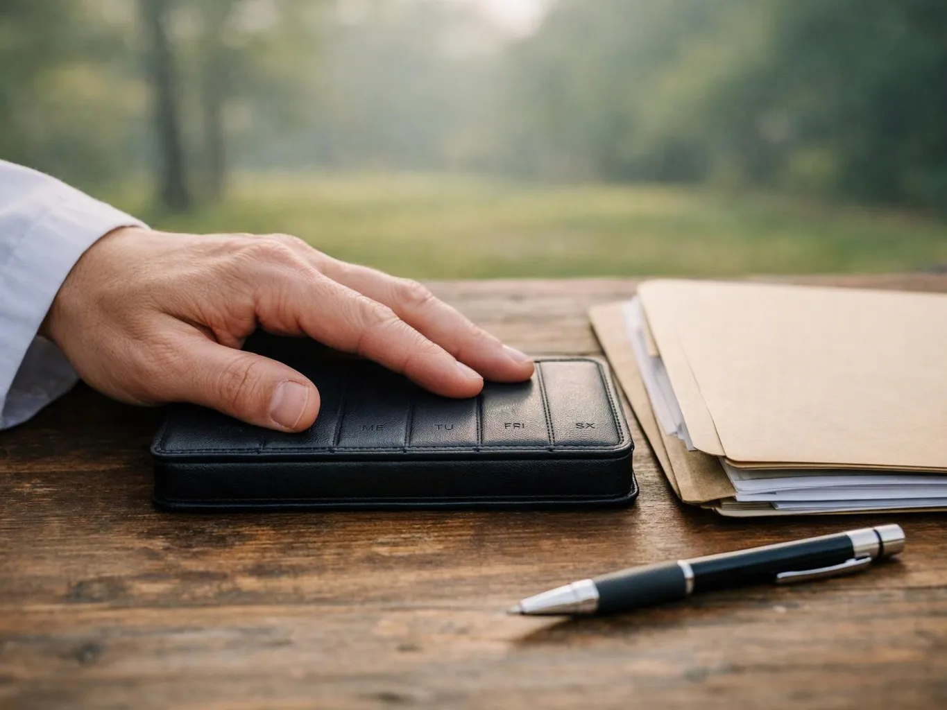A hand rests on a black planner beside papers and a pen on a wooden table outdoors