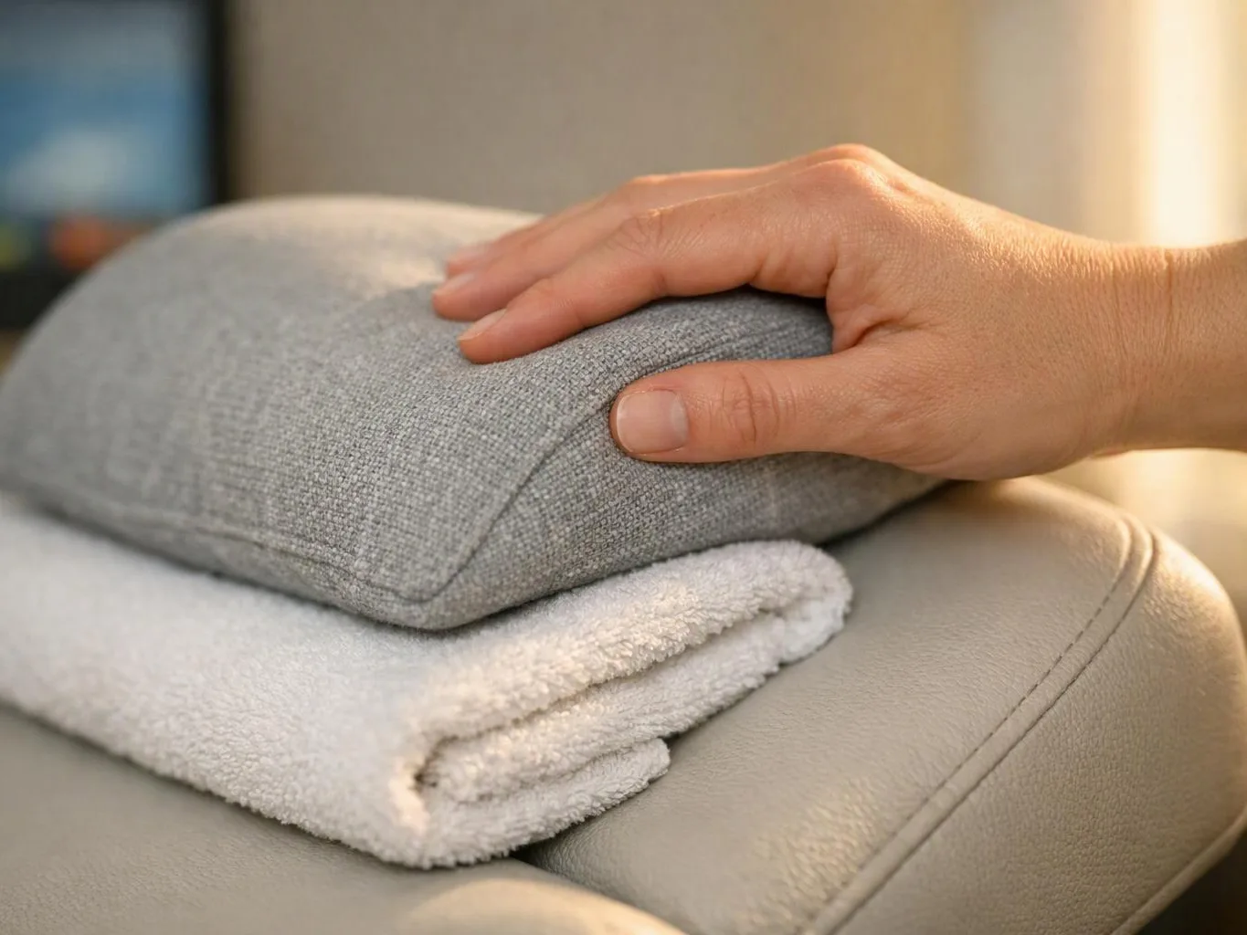 A hand rests on a gray pillow stacked over a folded white towel on a couch