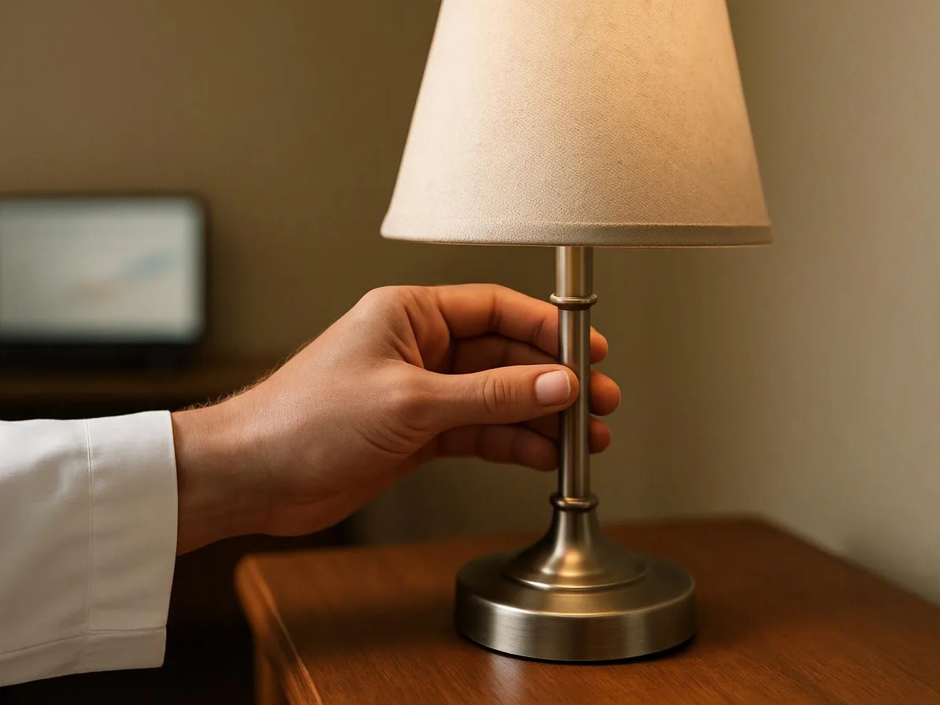 A hand in a white sleeve adjusts a small metal table lamp on a wooden surface