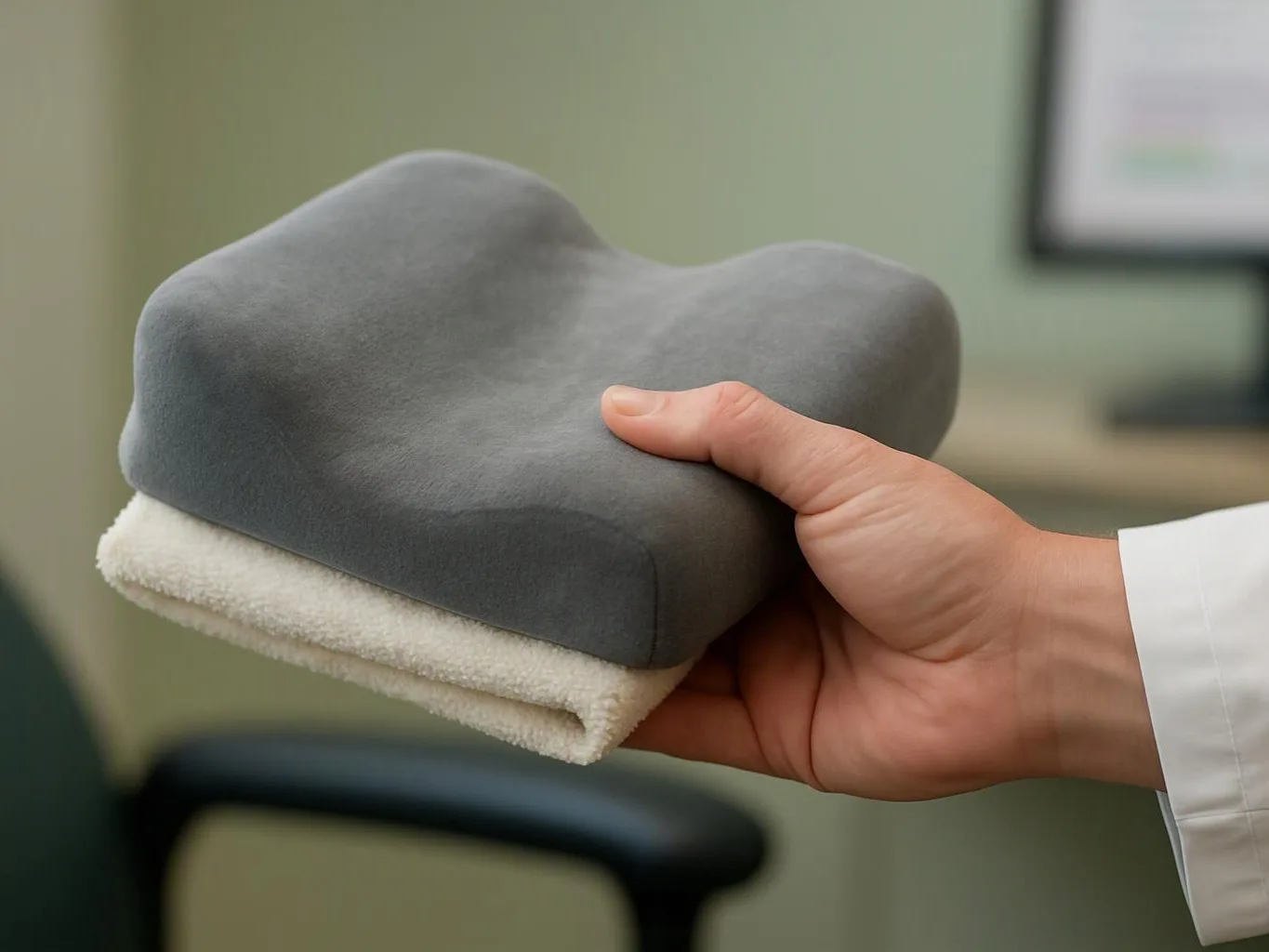 A hand in a white sleeve holds a gray foam cushion with a white towel underneath indoors