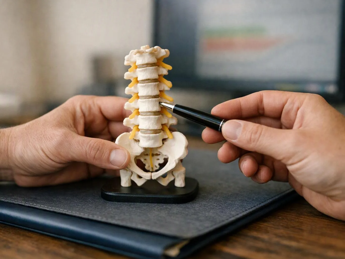 Hands point a pen at a spine model on a desk beside a laptop