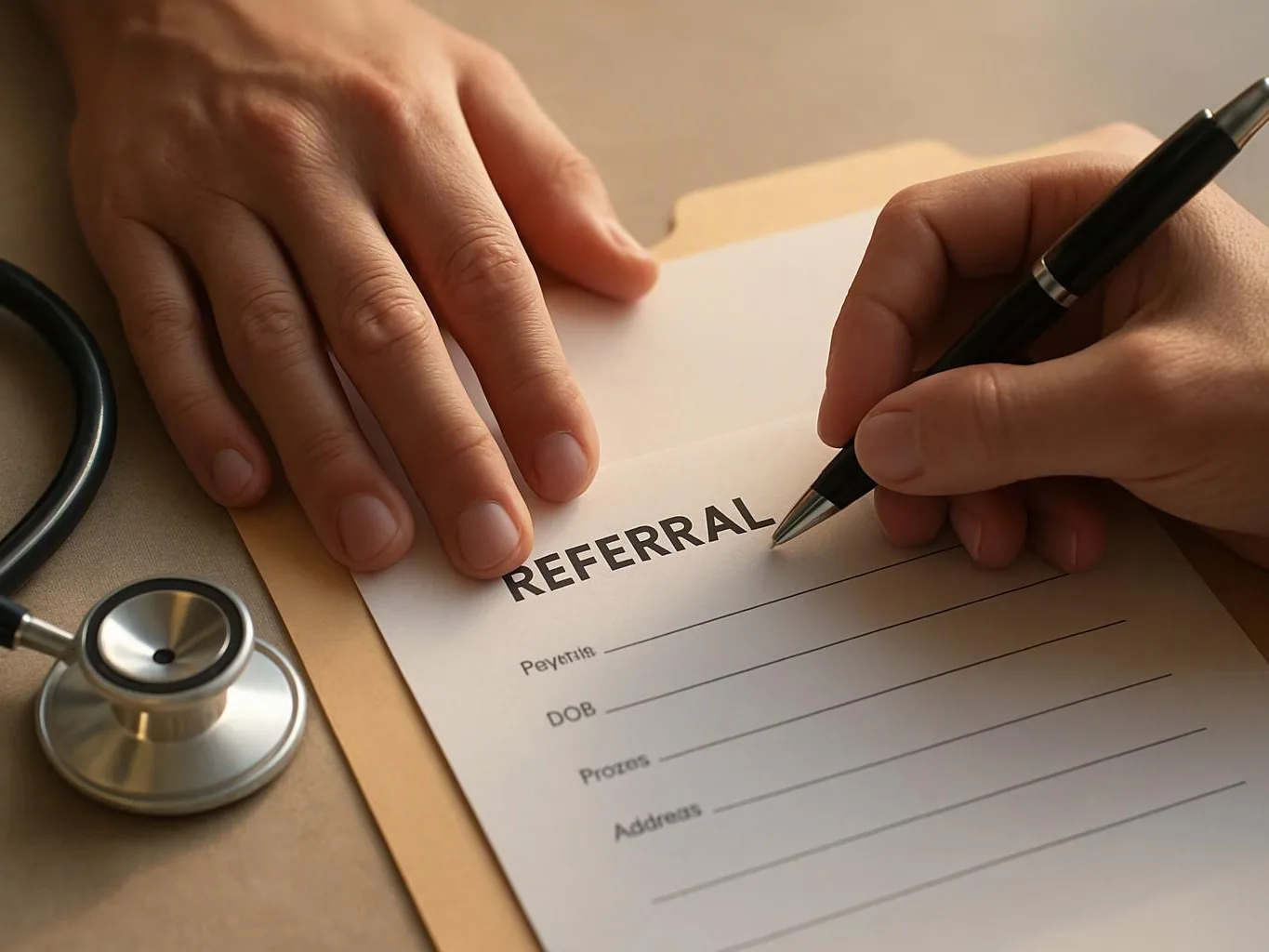 Hands write on a referral form beside a stethoscope on a desk