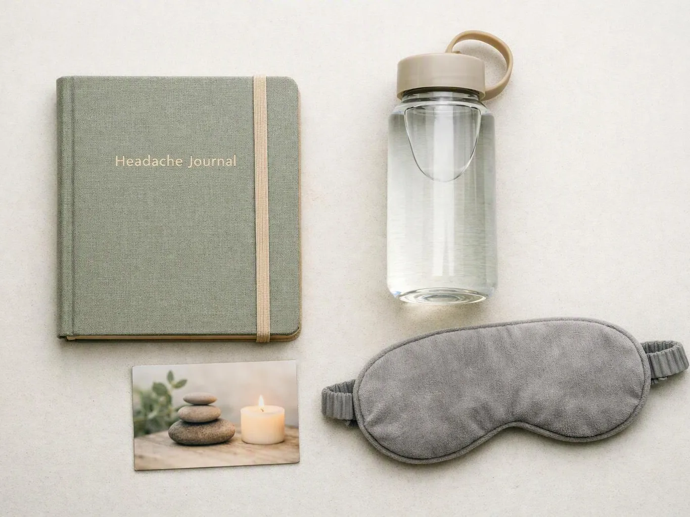 A headache journal, water bottle, gray sleep mask, and small candle photo rest on a light surface