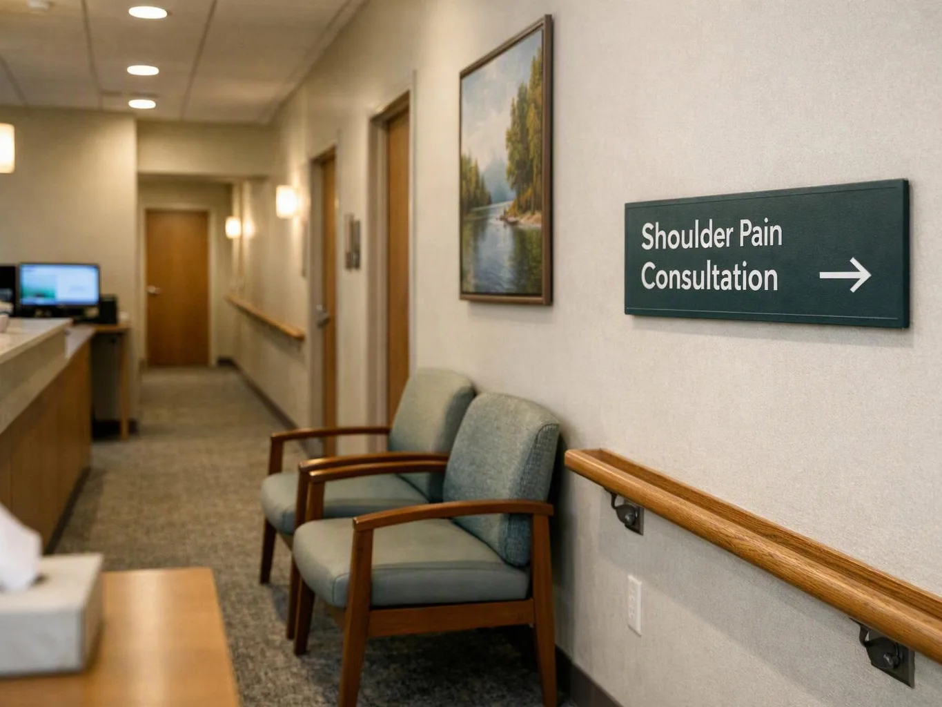 A quiet clinic hallway shows two chairs, wall art, and a sign reading Shoulder Pain Consultation with an arrow