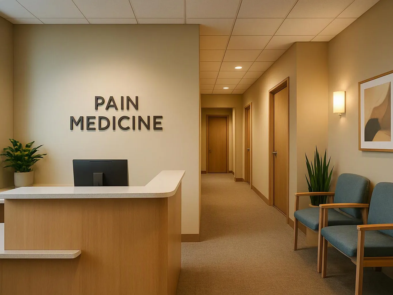 A quiet medical reception area shows a front desk, hallway doors, waiting chairs, plants