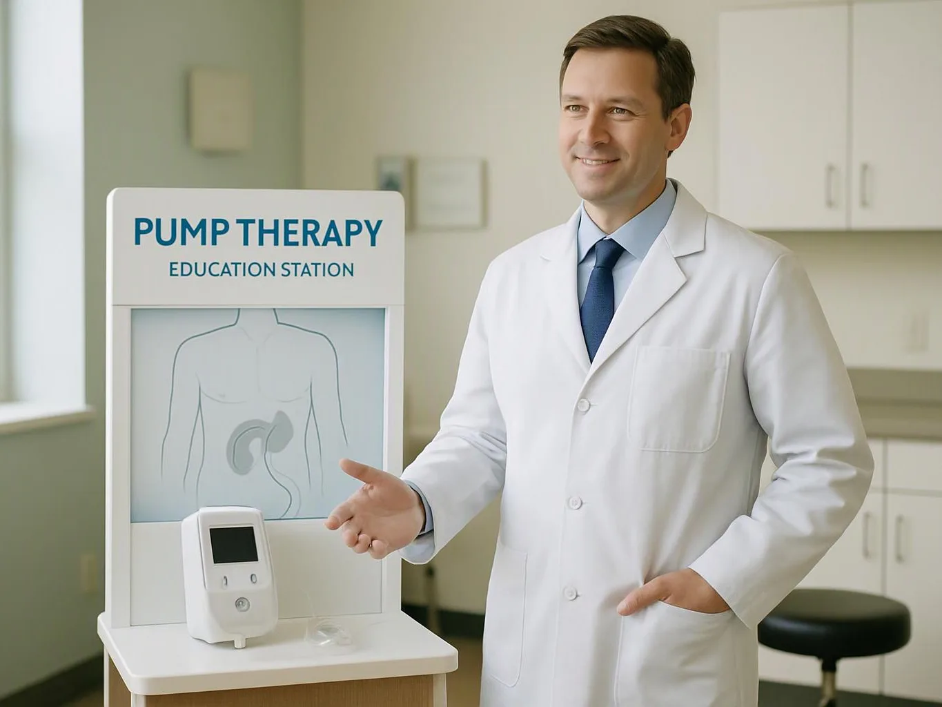 A smiling doctor in a white coat stands beside a pump therapy education display in a clinic room