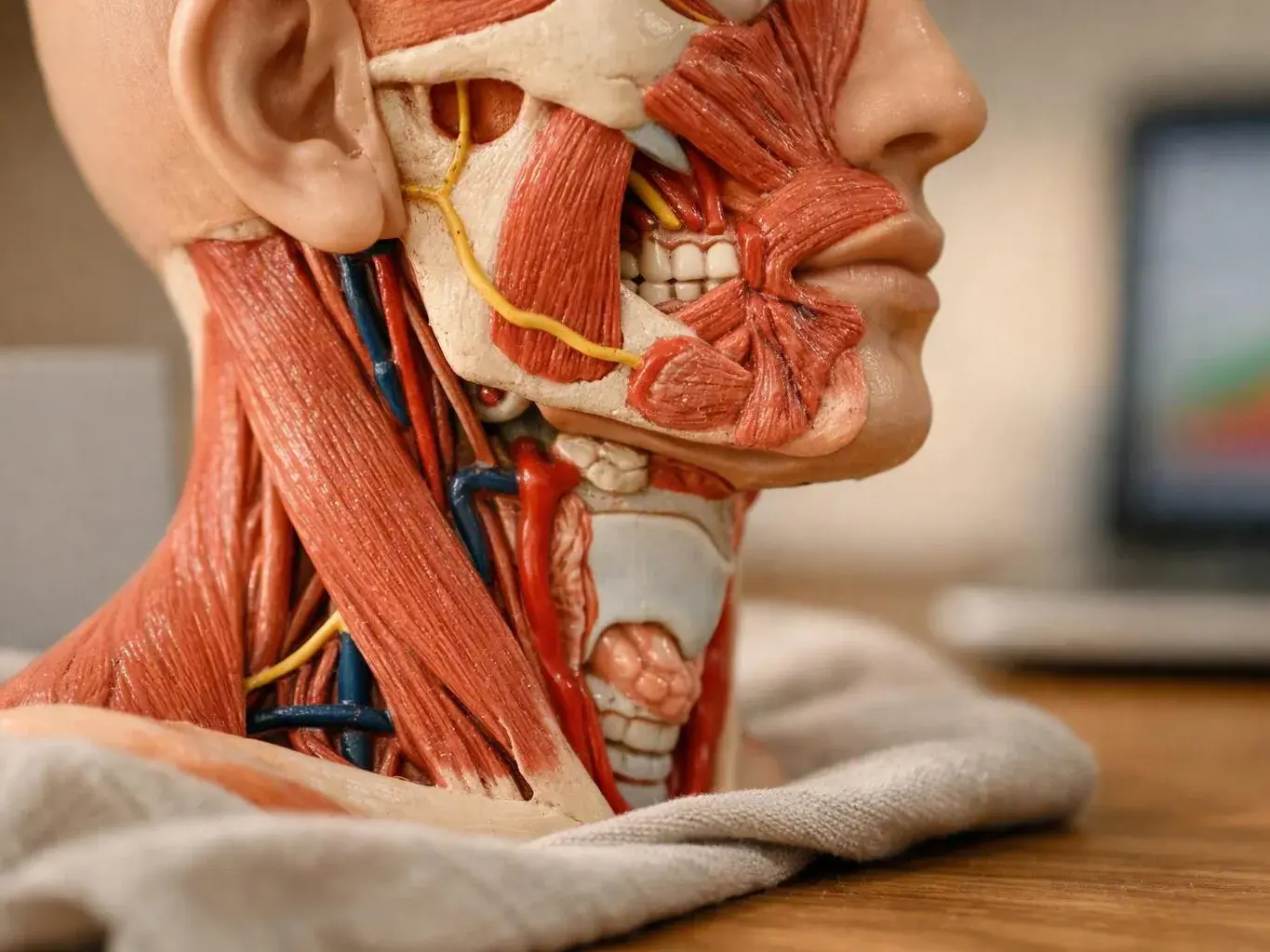 A human anatomy model shows the head and neck muscles beside a table in a classroom setting