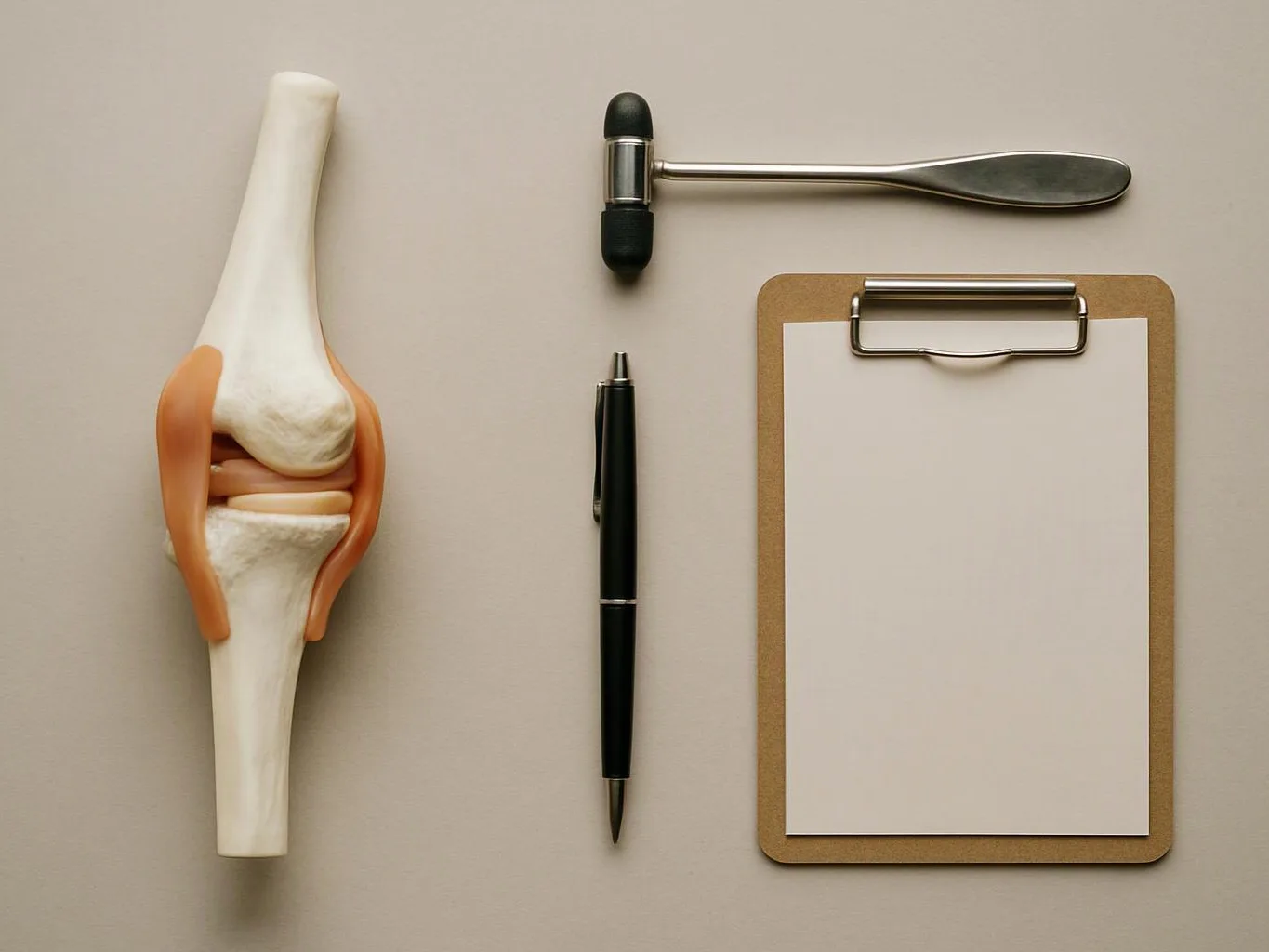 A knee joint model, a reflex hammer, a pen, and a blank clipboard lie on a beige surface