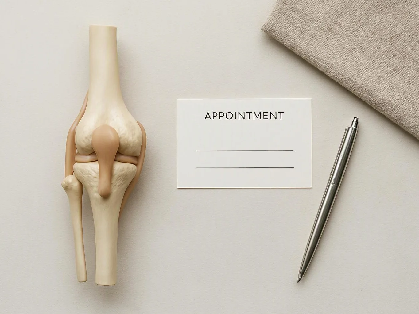 A knee joint model sits beside an appointment card and a pen on a clean desk