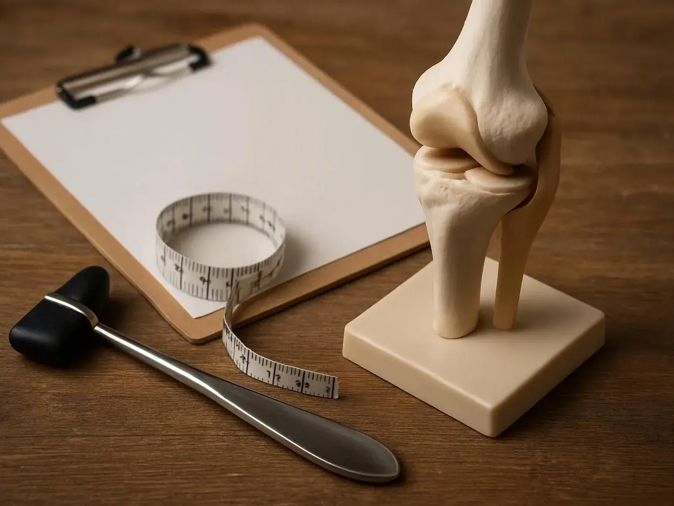 A knee joint model sits beside a clipboard, measuring tape, and reflex hammer on a wooden table