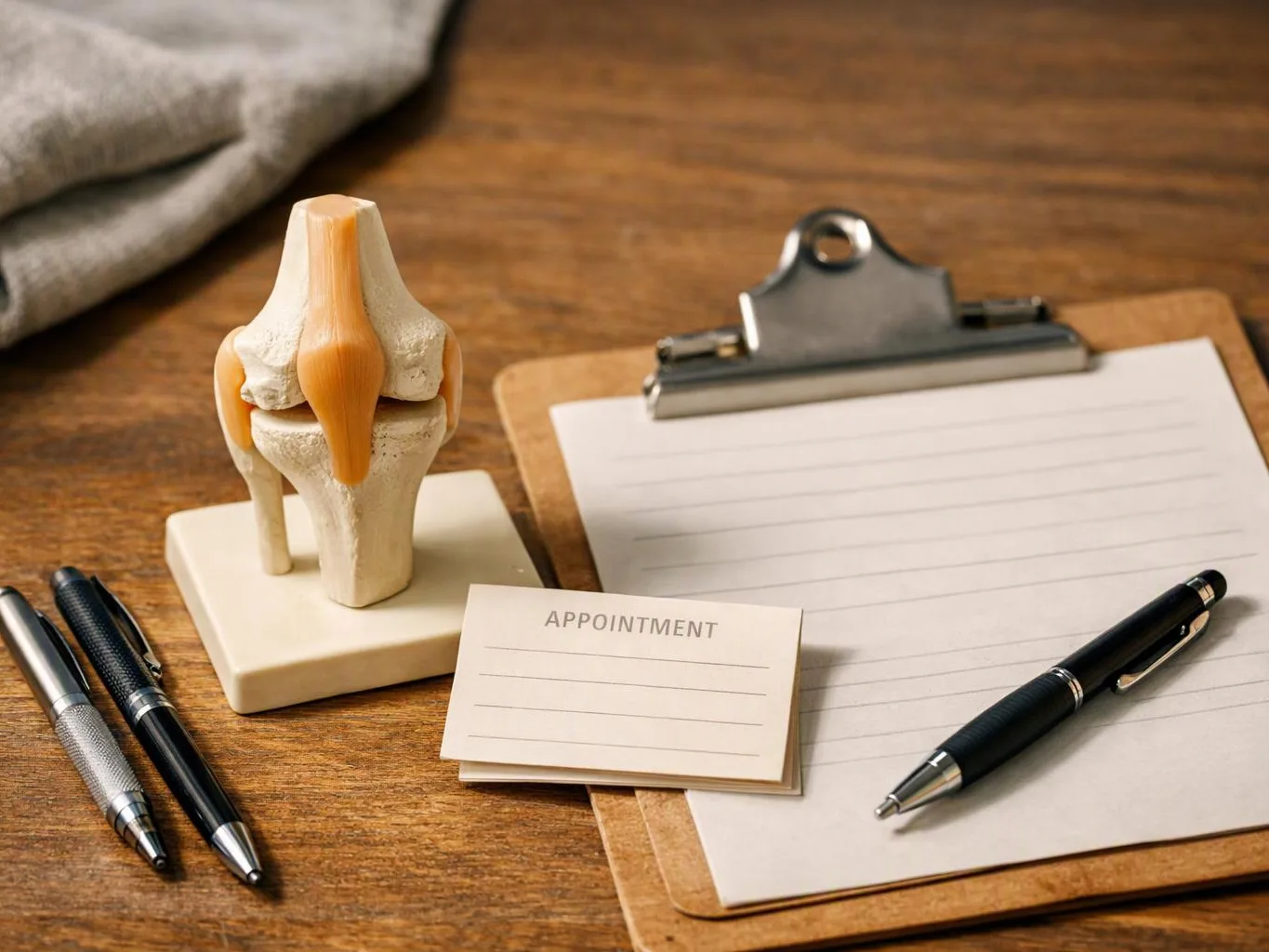 A knee joint model sits beside a clipboard, pens, and an appointment card on a wooden desk