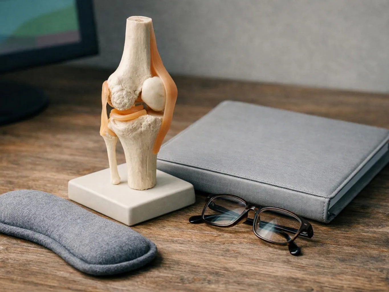 A knee joint model sits on a wooden desk beside a gray case, glasses, and a soft pouch