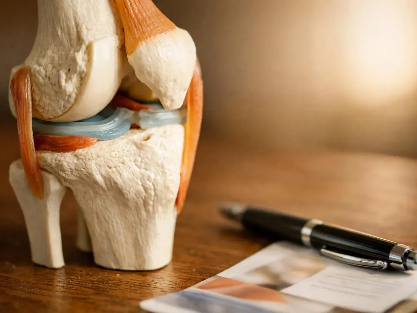A knee joint model sits on a wooden desk beside a pen and blurred paper