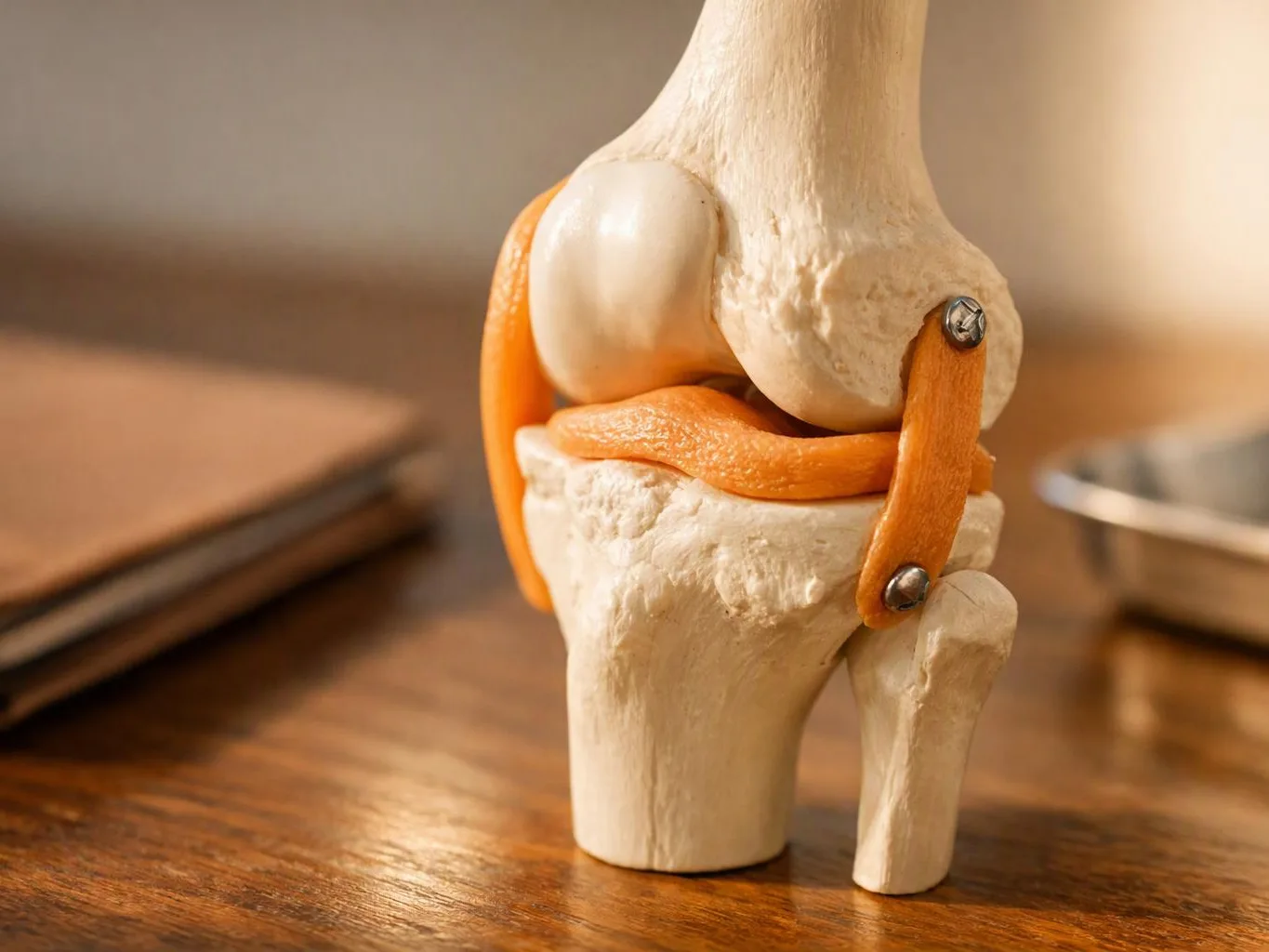 A knee joint model sits on a wooden table with orange ligaments and metal screws