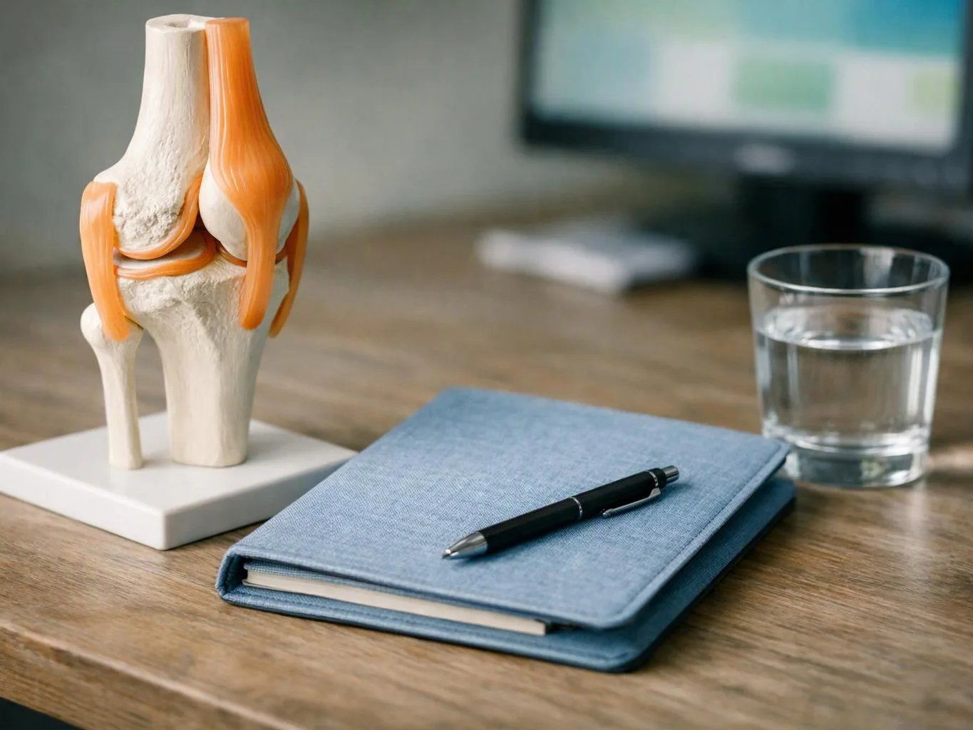 A knee joint model stands beside a notebook, pen, and glass of water on a desk