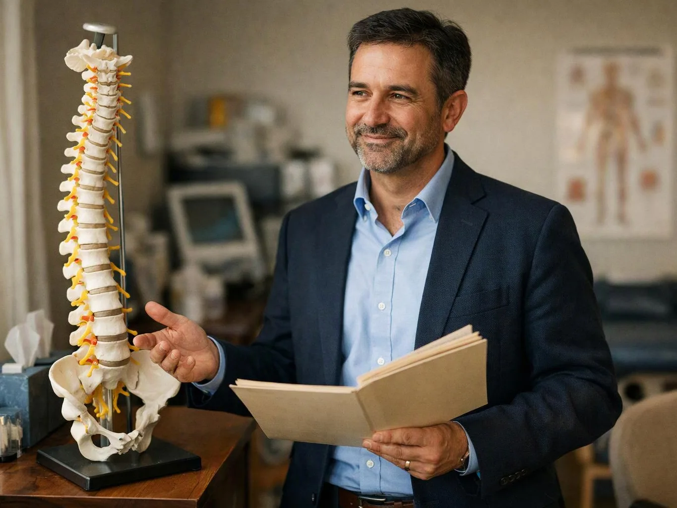 A man in a blazer holds an open notebook beside a spine model in a clinic room
