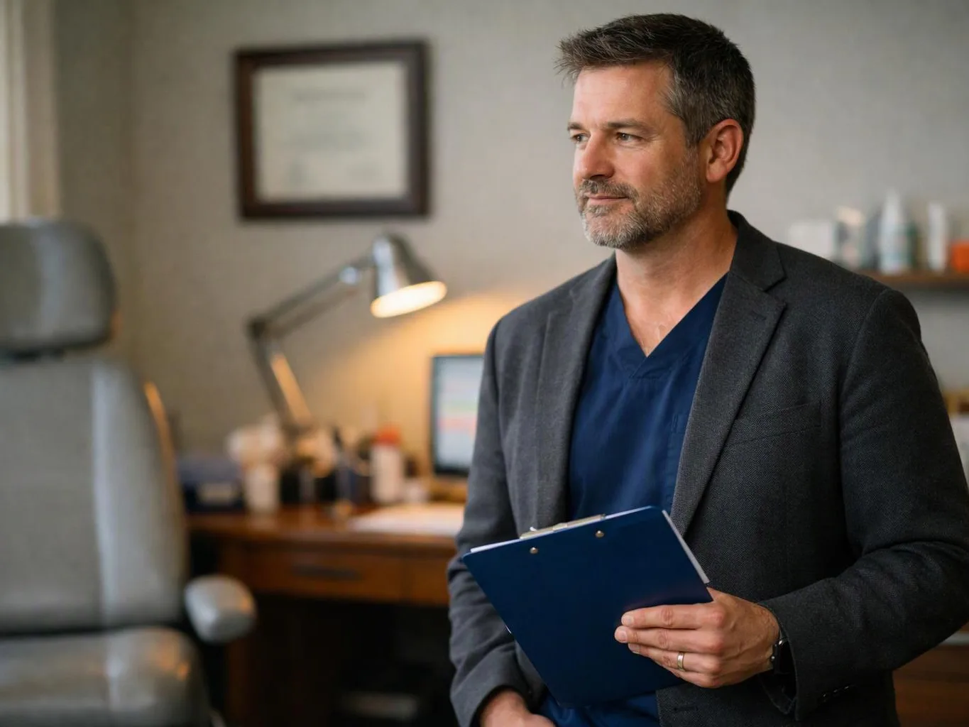 A man in a blazer and scrubs holds a blue clipboard in a medical office room