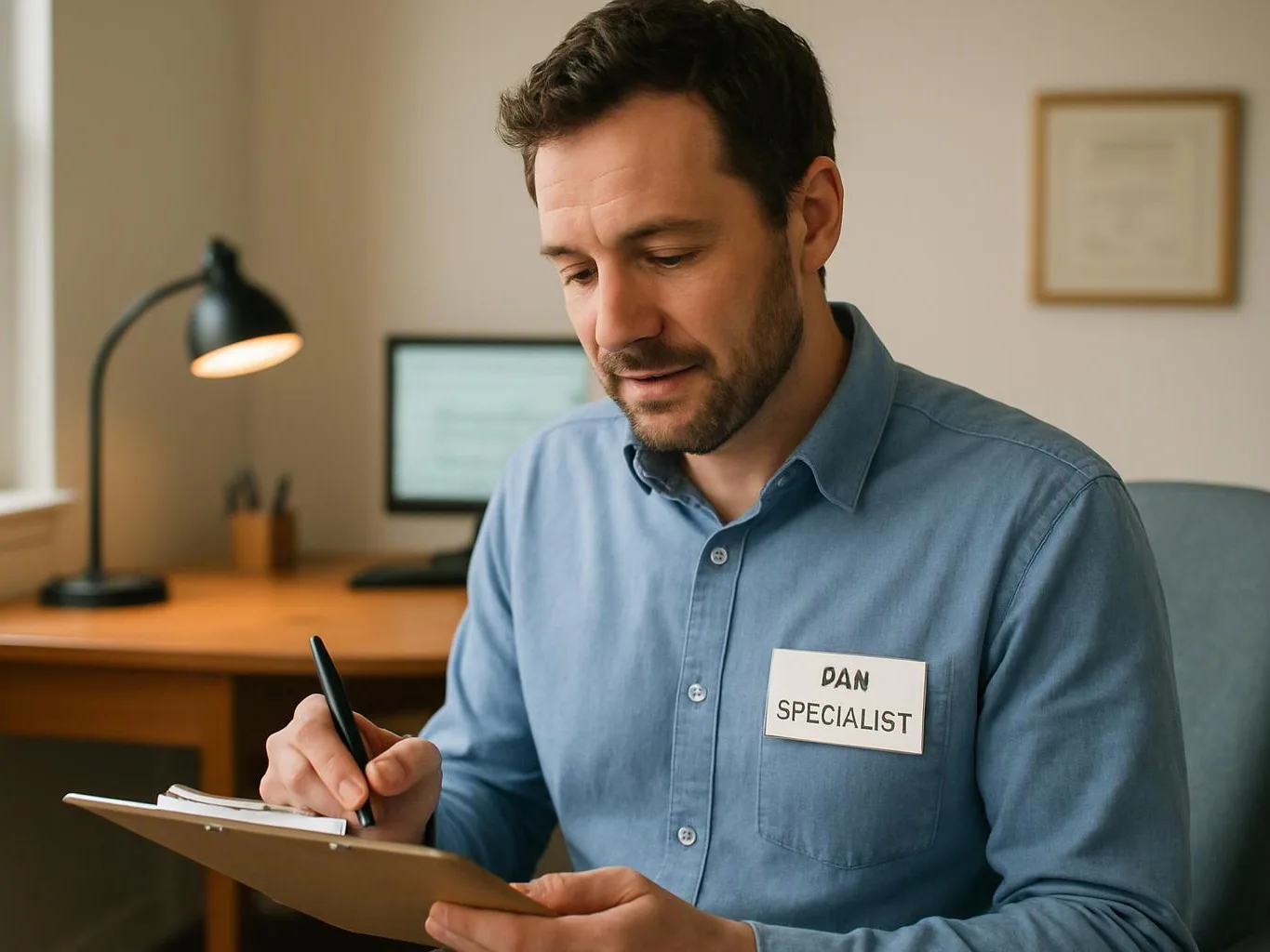 A man in a blue shirt writes on a clipboard at a desk in a small office
