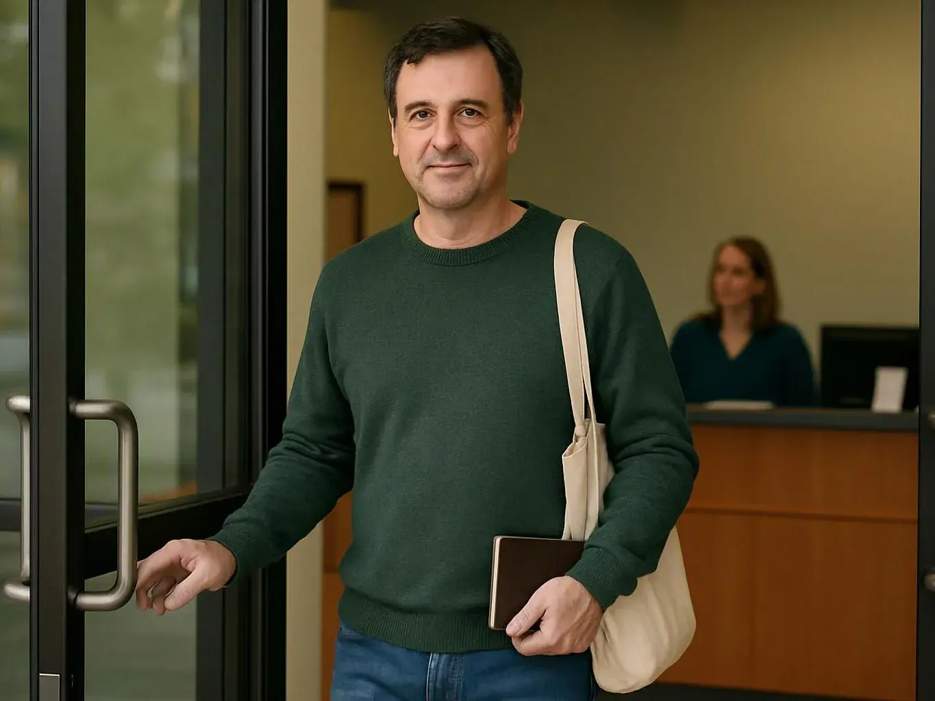 A man in a green sweater opens a glass door while carrying a tote bag and notebook in a lobby