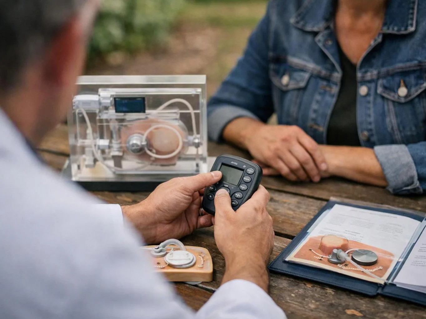 A man holds a hearing aid remote across from a woman seated at a wooden table outdoors